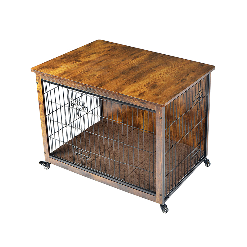 Panloob na kahoy na kasangkapan sa bahay na hawla ng aso na may unan at gulong Panloob na kahoy na kasangkapan sa bahay na hawla ng aso na may unan at gulong