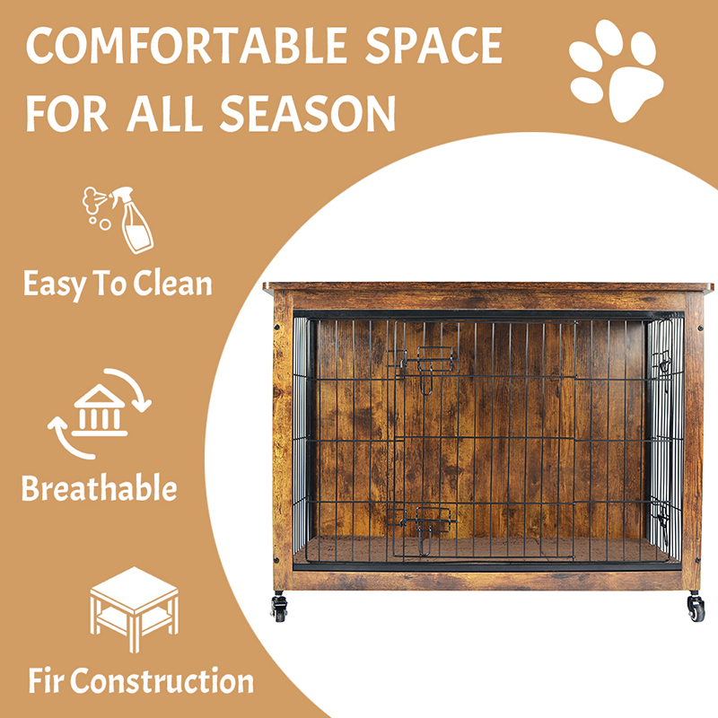 Panloob na kahoy na kasangkapan sa bahay na hawla ng aso na may unan at gulong Panloob na kahoy na kasangkapan sa bahay na hawla ng aso na may unan at gulong