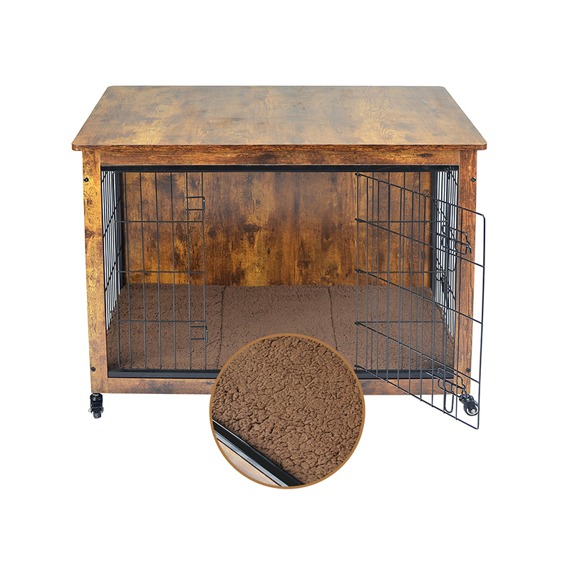 Panloob na kahoy na kasangkapan sa bahay na hawla ng aso na may unan at gulong Panloob na kahoy na kasangkapan sa bahay na hawla ng aso na may unan at gulong