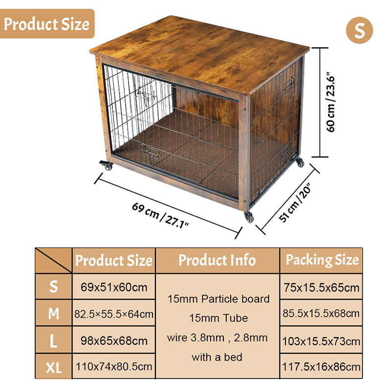 Panloob na kahoy na kasangkapan sa bahay na hawla ng aso na may unan at gulong Panloob na kahoy na kasangkapan sa bahay na hawla ng aso na may unan at gulong