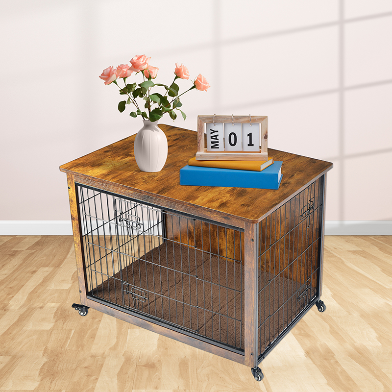 Panloob na kahoy na kasangkapan sa bahay na hawla ng aso na may unan at gulong Panloob na kahoy na kasangkapan sa bahay na hawla ng aso na may unan at gulong