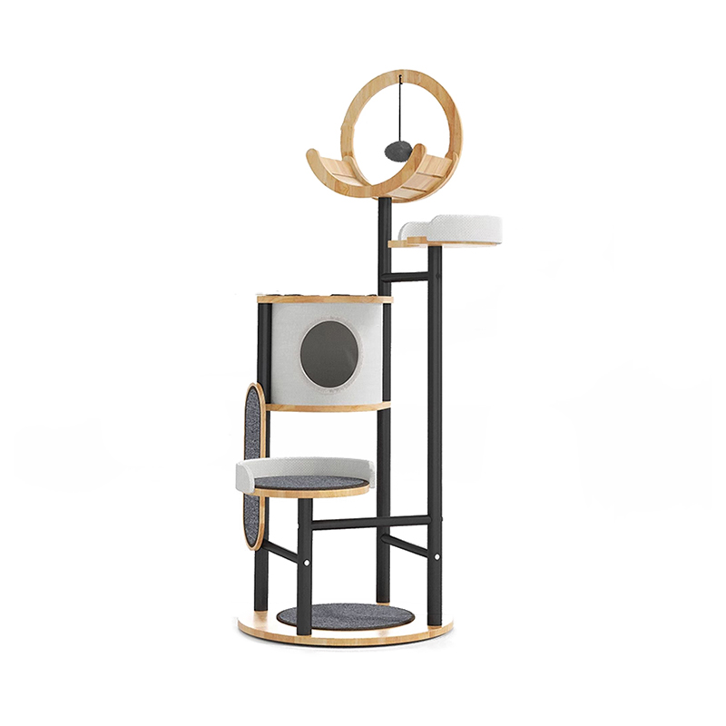 Rubber Wood & Steel Tower Cat Tree Climbing Frame