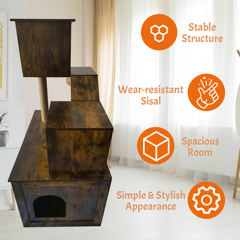 Wooden Cat House Tower Indoor Cat Tree Climbing Frame na may Litter Box Wooden Cat House Tower Indoor Cat Tree Climbing Frame na may Litter Box