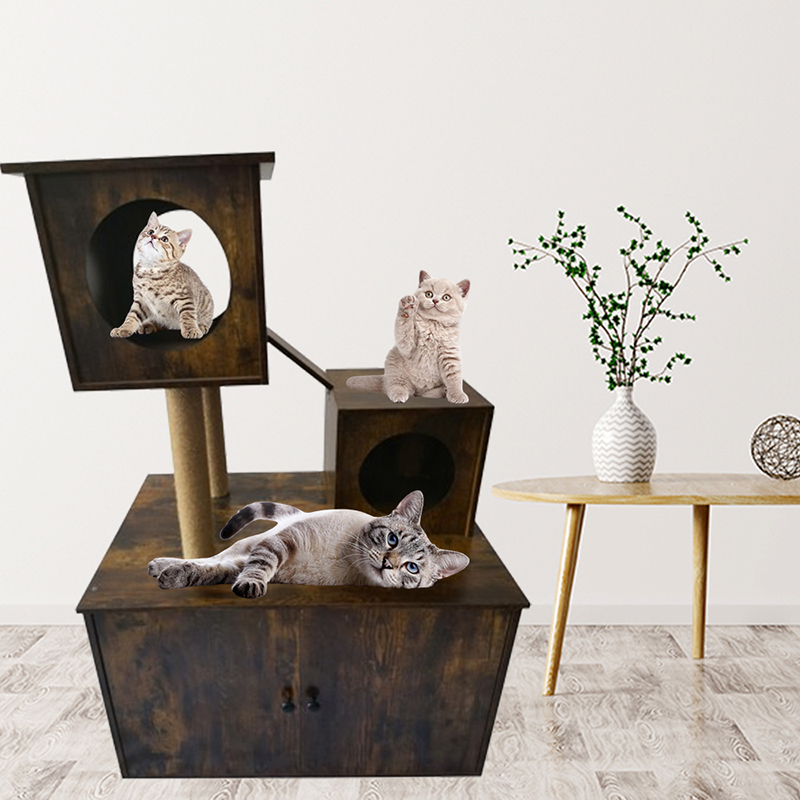 Wooden Cat House Tower Indoor Cat Tree Climbing Frame na may Litter Box Wooden Cat House Tower Indoor Cat Tree Climbing Frame na may Litter Box