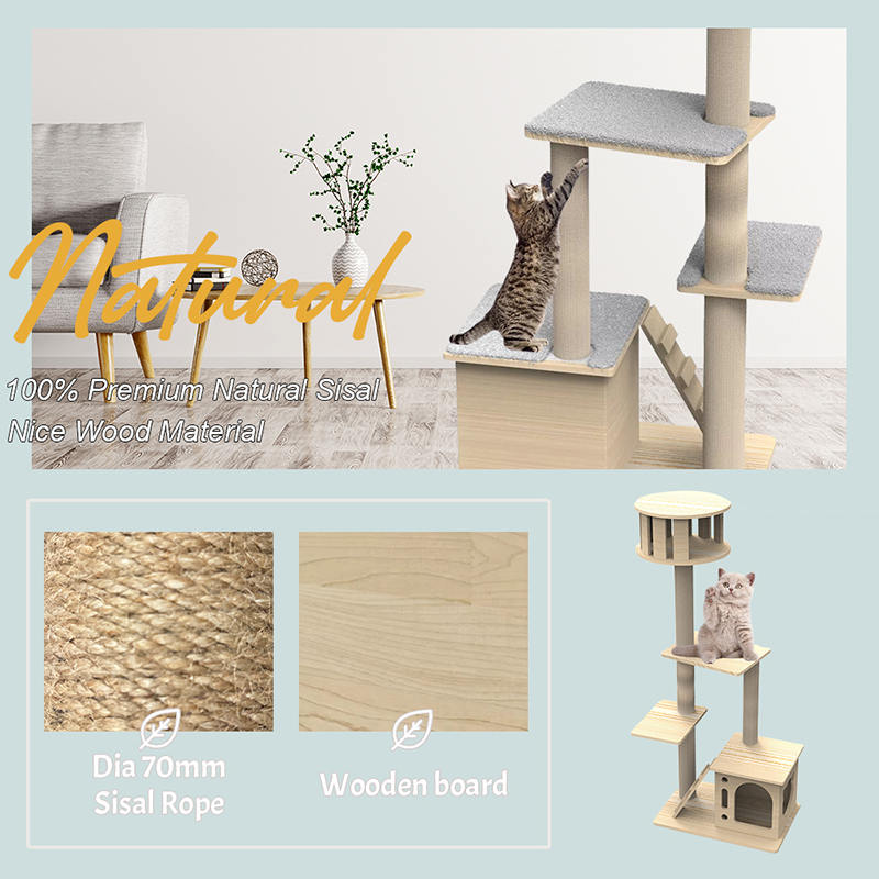 Panloob na kahoy na tower na may akyat na sisal scratching post cat tree Panloob na kahoy na tower na may akyat na sisal scratching post cat tree