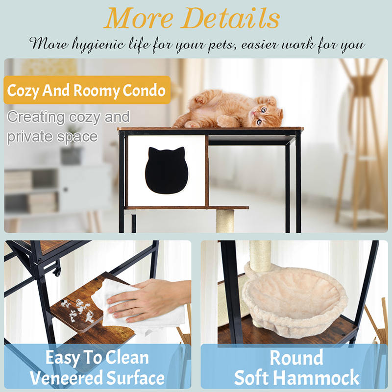 Modernong kahoy at metal cat tree panloob na tower condo na may duyan Modernong kahoy at metal cat tree panloob na tower condo na may duyan